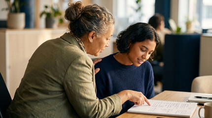 Fototapeta premium An older woman with a warm expression guides a young man through handwritten notes in a cozy office, capturing the essence of mentorship and professional knowledge sharing.