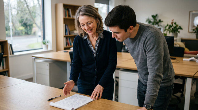 Mentor and younger colleague reviewing handwritten notes together at an office table, with the mentor explaining a document and supporting practical learning, collaboration, and career development