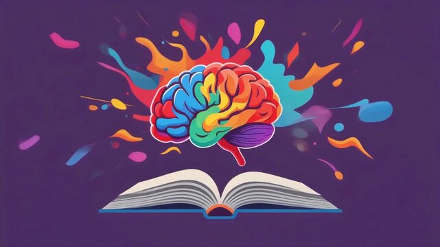 Brain creative thinking concept with colorful splashes emerging from an open book in this vibrant digital motion design video