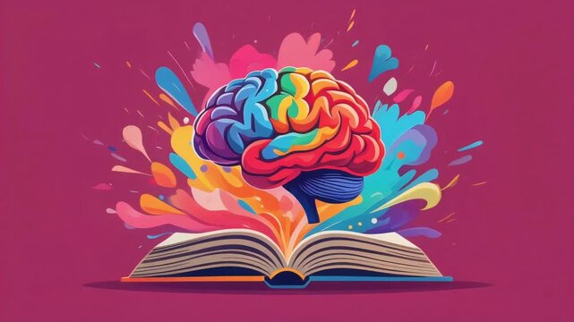 Brain concept animation featuring a colorful human mind emerging from an open book representing creative knowledge and digital learning footage