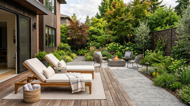 A modern wood-decked backyard patio with teak chaise lounges and lush garden plantings offers an elegant outdoor living space perfect for residential real estate and home decor.
