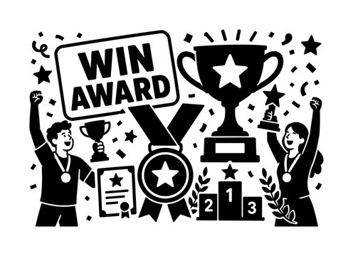 Award Trophy Achievement. Banner design, clean solid filled composition showing oversized trophy cup and giant medal ribbon, two winners celebrating near edges, small details of prize star, podium,