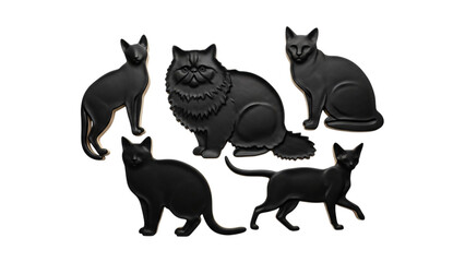 Fototapeta premium Group of black cats standing in circle with one cat looking up.