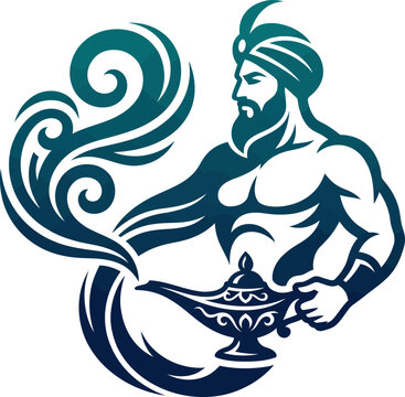 Genie emerges from magic lamp with smoke and swirls, mystical fantasy vector art.