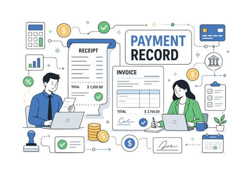 Receipt Invoice Banner. Receipt, invoice, bill, payment record and financial document banner with two geometric finance workers beside an oversized receipt roll and large invoice panel, document lines