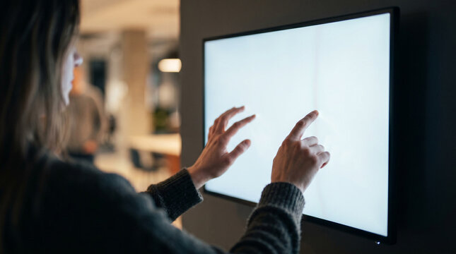 Young woman in dark outfit pointing and interacting with a large blank wall-mounted illuminated display panel in a dimly lit corridor.