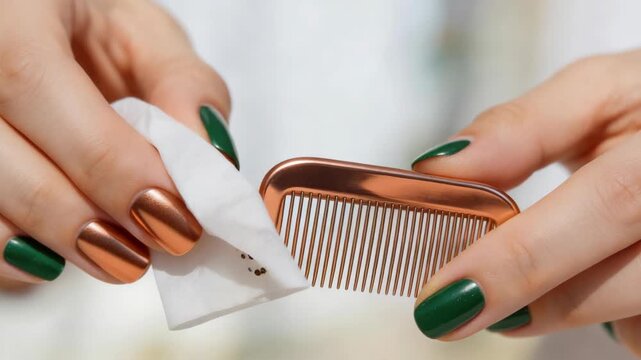 Close-up of hands holding a fine-toothed comb and tissue with caught lice. Checking and removing head lice and nits. Pediculosis treatment concept