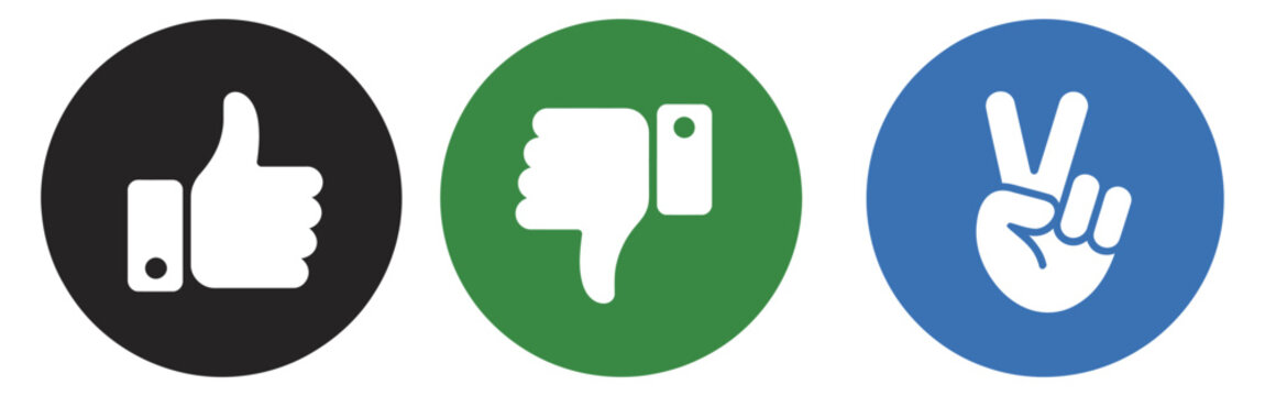 thumbs rating icon collection, like dislike and neutral hand gesture buttons, customer satisfaction and survey feedback concept, modern flat vector design set.