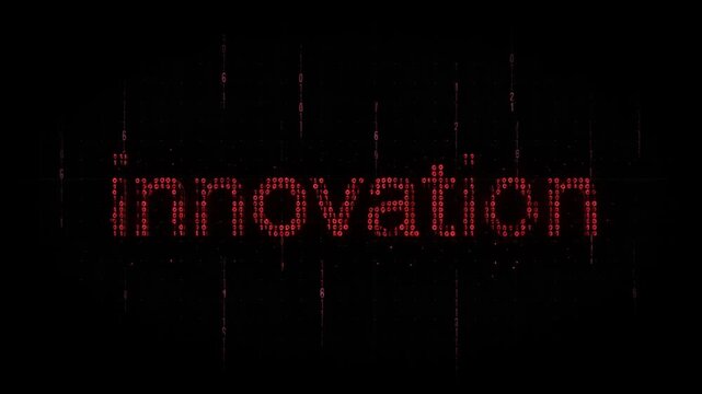 Innovation text formed from glowing red binary code streaming in a dark virtual space represents advanced technological progress and modern digital transformation concepts in this high quality motion 