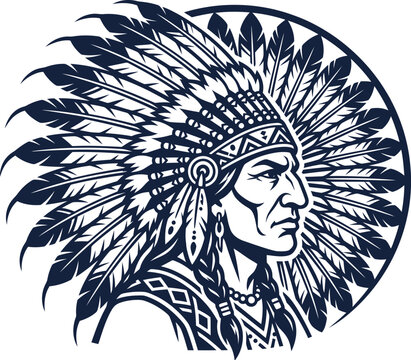 Native american indian chief headdress vector logo design. Vintage indigenous tribal leader icon.