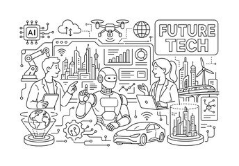 Obraz premium Future Technology Innovation. Clean outline line art banner with one wide future technology scene, two innovators beside oversized humanoid robot and giant smart city dashboard, small details