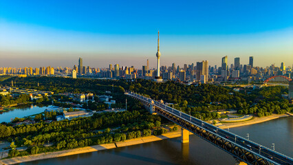 Fototapeta premium Aerial View of Wuhan Yangtze River Bridge and TV Tower