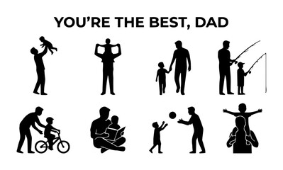 Fototapeta premium Fatherhood Icons Set, Dad and Child Silhouettes, Family Love Graphics, Best Dad Celebration Vector