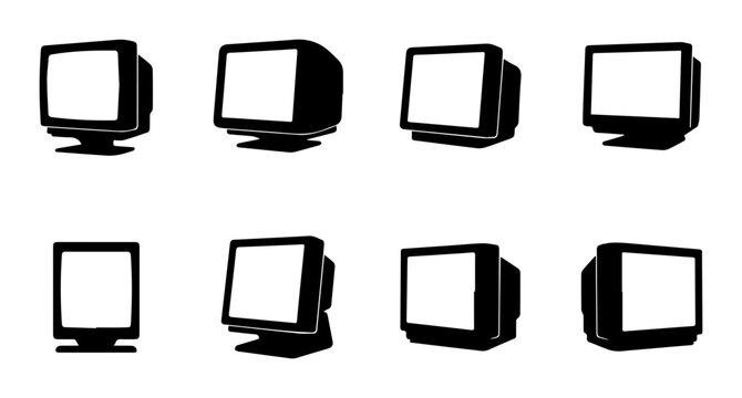 Retro CRT Monitor Icons, Vintage Computer Displays, Old Television Silhouettes, Set of 8