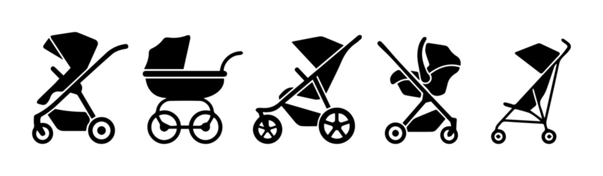 Baby Stroller Icons, Pram Set, Carriage Collection, Infant Transport Vector Graphics