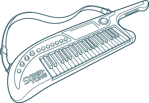 Portable electronic keytar music instrument vector sketch on transparent grid background.