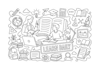 Obraz premium Education School Learning. Clean one-line drawing banner composition showing a teacher and student beside an oversized open book and laptop, classroom line elements stretching to all edges with small