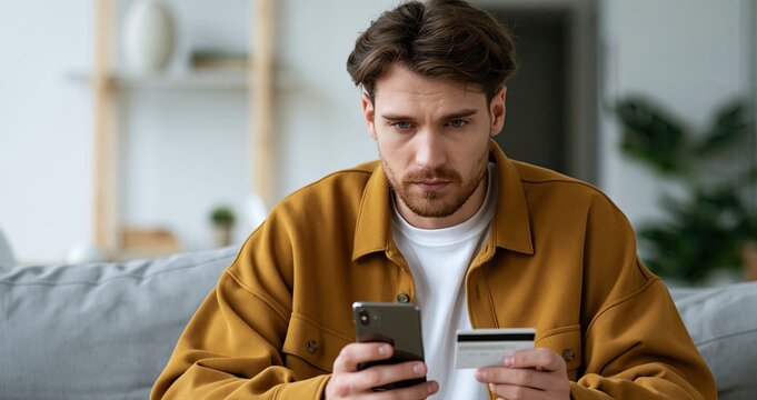Individual reviewing questionable message on phone with credit card, highlighting digital security and fraud protection at home.