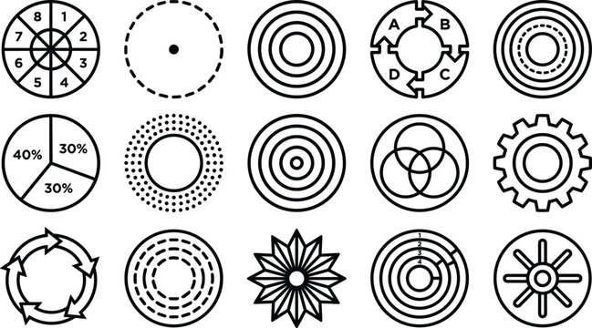 Geometric Circle Infographic Elements and Segmented Wheel Chart Line Icon Set with Venn Diagram Puzzle Process and Concentric Targets for Data Presentation Designs