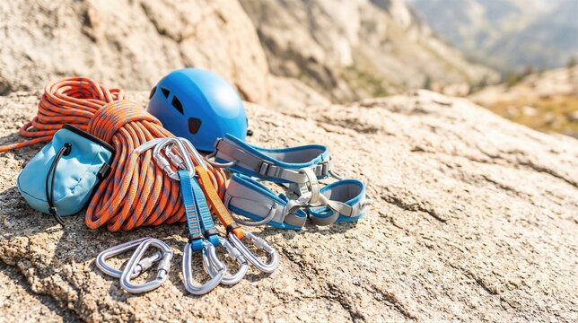 Climbing gear set on a mountain rock. Ropes, carabiners, harness and helmet for rock climber. Mountaineering equipment for extreme outdoor sports, adventure and high altitude training.