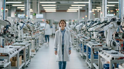 Obraz premium Female scientist in lab coat walking through a modern robotics manufacturing facility.