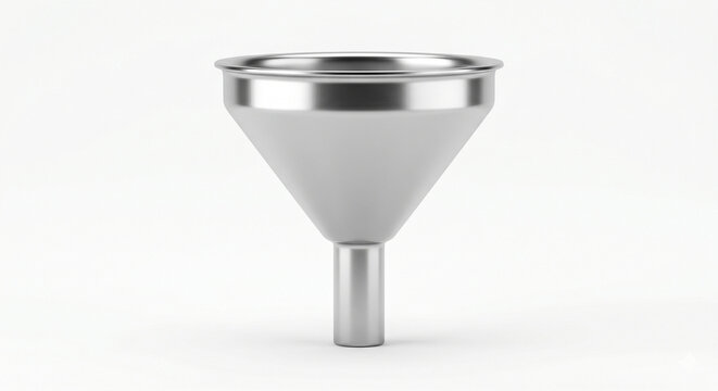 Macro photograph of a single miniature stainless steel funnel for liquid decanting, isolated on a pure white background.