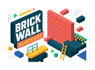 Obraz premium Brick Wall Blockage , oversized brick wall block with bold geometric depth, floating barrier blocks and construction platform accents, asymmetric editorial layout, coral and deep teal with warm yellow