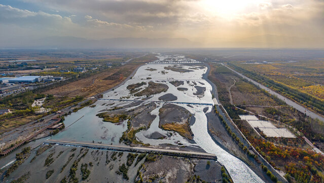 Aerial View of Heihe River in Zhangye, Gansu