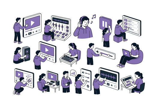 Media Player Controls collection of digital illustrations NOT icons NOT symbols, 12?20 character-driven small scenes of creators adjusting media players, changing volume, pausing videos, using audio