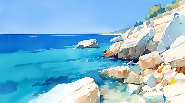 Watercolor illustration of white Mediterranean cliffs. Rocky shore and clear turquoise sea. Summer landscape painting