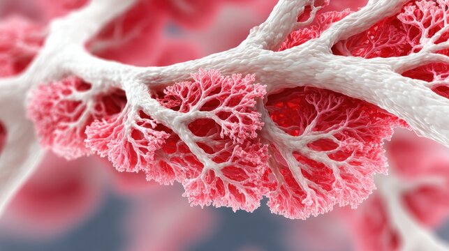 Detailed 3d rendering of branching capillary network with blood vessels and alveoli in lung tissue