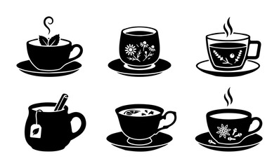 Fototapeta premium Black Tea Cups and Saucers Vector Icons, Hot Beverage Set, Coffee Mug Graphics