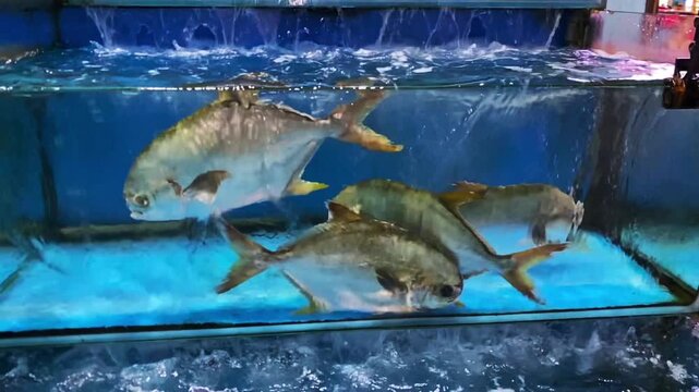 Live Pompano Fish Swimming in Seafood Restaurant Aquarium Tank, Fresh Fish Market, Asia.