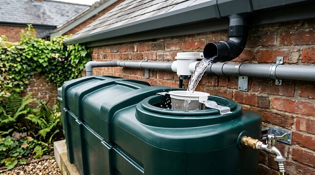 Rain water flowing from a gutter pipe into a green plastic storage tank in a home garden backyard. rain water tank