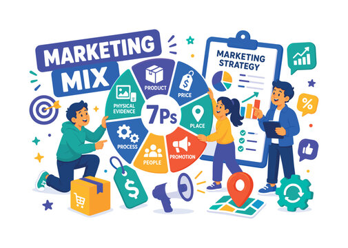 Marketing Mix Seven Marketing Mix Seven Banner with 3 expressive stylized human characters arranging an oversized 7Ps strategy wheel beside a giant marketing board, with product box, price tag, place