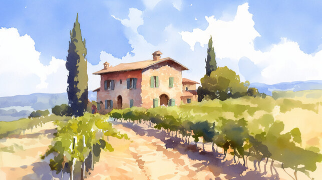 Watercolor tuscan landscape with vineyards and rolling hills. Italian rural scenery with farmhouses and cypress trees. Autumn harvest season