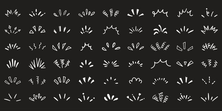 doodle line sparkle vector set, comic style decorative lines, burst effects, and dynamic radial patterns. Hand drawn pop surprise line frame for title headline illustration. Doodle sparkle and rays.