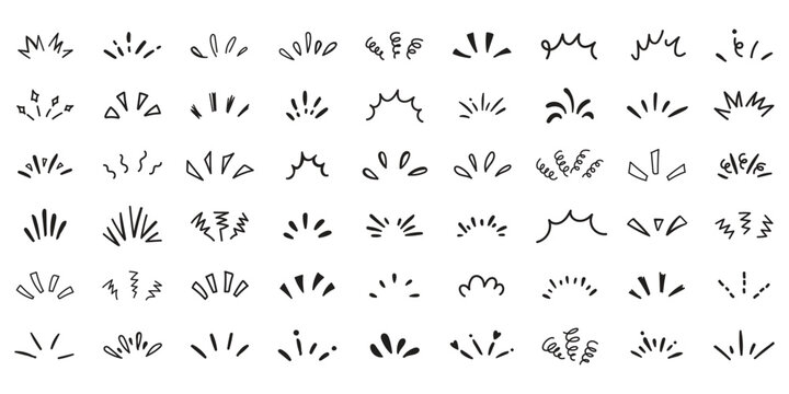 doodle line sparkle vector set, comic style decorative lines, burst effects, and dynamic radial patterns. Hand drawn pop surprise line frame for title headline illustration. Doodle sparkle and rays.