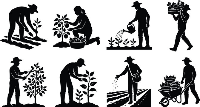 Set of farming and gardening silhouettes featuring people planting, watering, harvesting, and working with crops
