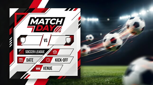 Dynamic soccer match day graphic template featuring a football flying across a bright stadium field.