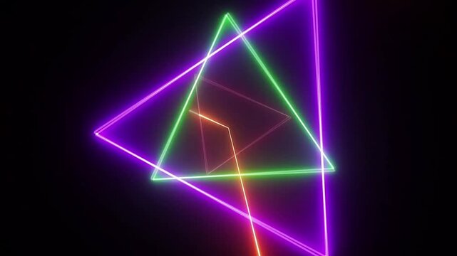 A combination of geometric triangular shapes with colorful neon light effects glowing in red, purple, green, and orange against a pitch-black background.