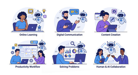 Fototapeta premium Human and AI Collaboration Concepts Collection for Learning Productivity and Content Creation Flat Vector Set