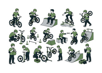 Naklejka premium BMX Bike Ride collection of digital illustrations NOT icons NOT symbols, 12?20 character-driven small scenes of riders using BMX bikes, wearing helmets, checking tires, practicing on small ramps,