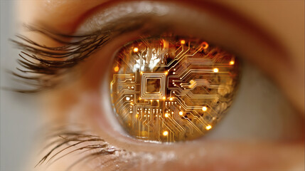 Fototapeta premium close up of a human eye with a complex golden microchip and neural pathway pattern integrated into the iris structure. Glowing amber sparks flow along the electronic circuits. High tech medical 