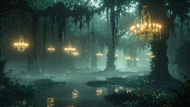 A mystical swamp with chandeliers hanging from trees over water, a fantasy scene
