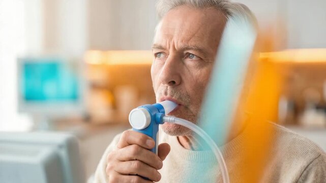 Senior man using spirometer for lung function test. Elderly patient performing breathing exercise. Respiratory health concept