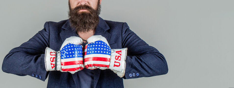 Boxing gloves. USA. Ready to business battle. Businessman in america boxing gloves. Businessman with boxing gloves