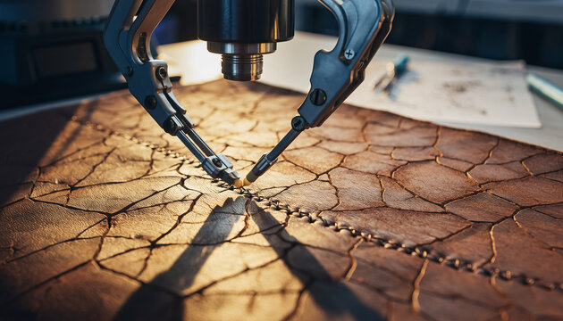 Robot repairs cracked leather using precise tools in a detailed macro view