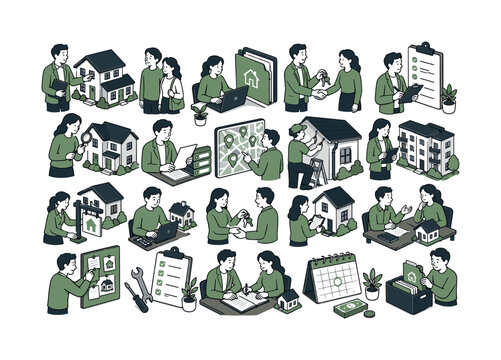 Property Management Series collection of digital illustrations NOT icons NOT symbols, 12?20 character-driven small scenes of agents managing houses, handing keys, reviewing property files, meeting