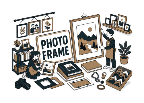 Photo Frame Display banner showing two decorators around an oversized photo frame and giant picture wall, hanging hook, album stack, camera, mat board, and display shelf filling all edges, bold simple